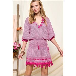 CZ COLLECTION BY CEZELE Womens Tassel Boho Dress Swimcover Sz Small Pink White